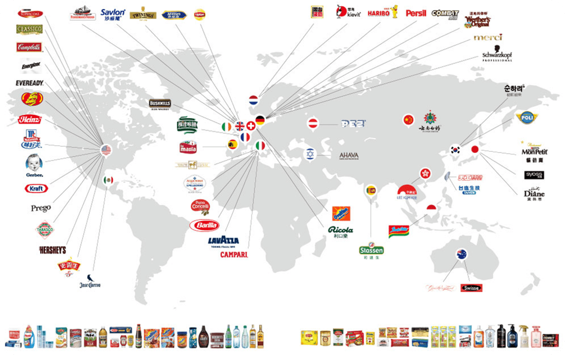 A map of the world with many different brands.